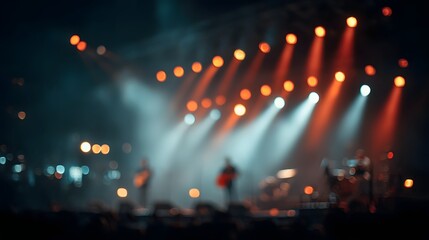 Vibrant concert stage with glowing colored lights and hazy atmosphere