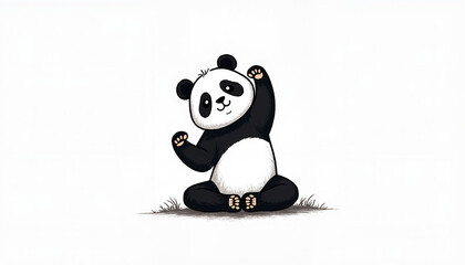 Fototapeta premium Cute cartoon panda waving with grass background 