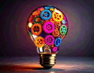 light bulb filled with colorful gears and creative icons symbolizes innovation and ideas. This vibrant image represents fusion of technology and creativity in business