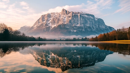 Breathtaking mountain reflecting in a calm lake under a soft sunset showcasing natural beauty and tranquil scenery creating perfect landscape views