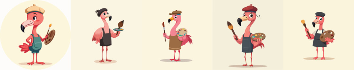 Cute Flamingo Artist Character in Flat Style Holding Brush and Palette