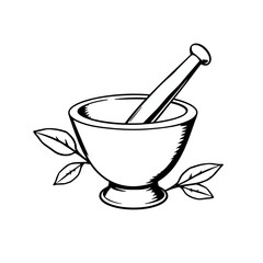 Hand drawn mortar and pestle with leaves isolated on white background