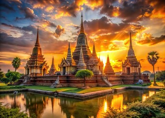 Fototapeta premium Vibrant orange sunset illuminates a majestic ancient temple in Thailand, its intricately carved spires and tranquil surroundings bathed in warm, golden evening light.