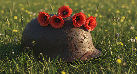 Red Poppies Resting on Old Military Helmet in Grass Field - War Tribute Concept - Memorial Day Concept