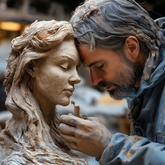 Sculptor adding detailed textures to a clay figurine, focused scene,generative ai illustration