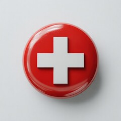 Obraz premium Glossy red circular button featuring a raised, white plus sign; simple, clean design
