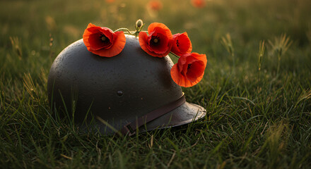 Red Poppies Resting on Old Military Helmet in Grass Field - War Tribute Concept - Memorial Day Concept