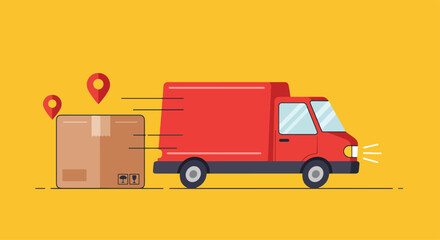 Adobe Illustrator Artwork E-commerce delivery: Flat vector illustration of a yellow delivery truck transporting a package across a world map with location pins. Global shipping and logistics