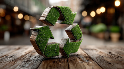 Minimalistic 3D green recycle symbol set against a softly blurred background. Clean design emphasizes sustainability, eco-awareness, and environmental responsibility with caption space on the side.

