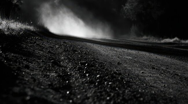 Low-angle, monochrome shot of a gravel road with a dust cloud emanating from a distant vehicle, suggesting motion and speed - Powered by Adobe