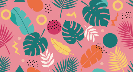 Vibrant tropical pattern with abstract shapes and dark green leaves on a colorful background. Modern design for fabrics, wallpaper, and creative projects