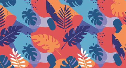 Fototapeta premium Vibrant tropical pattern with abstract shapes and dark green leaves on a colorful background. Modern design for fabrics, wallpaper, and creative projects