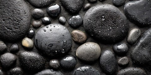 Wet, dark grey and black stones densely packed, showing water droplets on smooth surfaces