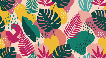 Vibrant tropical pattern with abstract shapes and dark green leaves on a colorful background. Modern design for fabrics, wallpaper, and creative projects