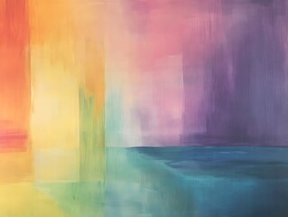 Vibrant Abstract Painting with Rainbow Hues and Serene Blue Waters, Evoking a Sense of Calm and Creativity