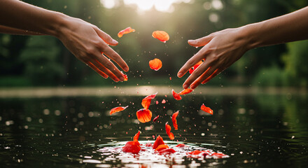 Gentle Hands Releasing Flower Petals Onto Water.