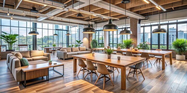 Modern minimalist co working space interior with comfortable furniture, large wooden tables, and plenty of natural light flooding through floor-to-ceiling windows.