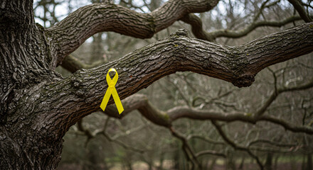 Yellow Awareness Ribbon Tied on Tree Branch in Forest