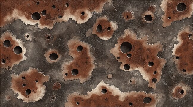 Abstract textured surface with numerous dark holes and mottled rust-colored and grey patches