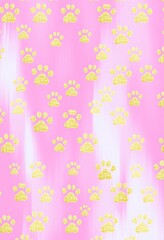 Gold paw prints on a pink and white ombre background.