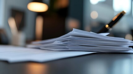 Pile Of Paper On Desk With Pen In Blurred Office Environment