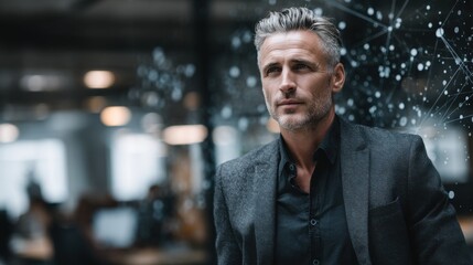Naklejka premium Sophisticated man with salt-and-pepper hair and a neatly trimmed beard wearing a dark textured blazer and black shirt stands confidently in a modern, dimly-lit interior. Behind him, a glowing digital 