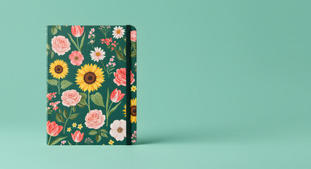 Floral notebook with elastic band on a green background