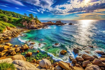 beautiful view of the sea with rocky beaches footage