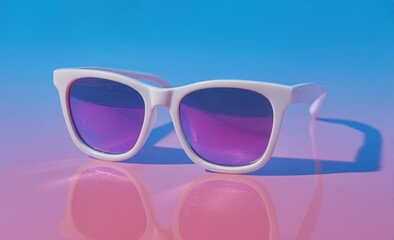 White sunglasses with purple lenses rest on a pink and blue gradient surface, casting a slight shadow
