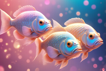 Fototapeta premium Three Surreal Glowing Fish with Smooth Porcelain Bodies and Radiant Iridescent Scales, Floating in a Dreamy Pink and Gold Bokeh Landscape, AI-generated