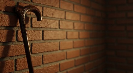 Old cane resting against a textured brick wall in warm light  