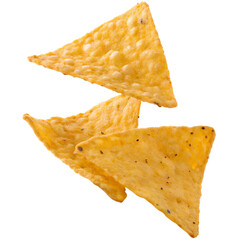 Floating crispy nacho chips, golden-yellow, triangular, with a lightly textured and slightly bubbled surface, isolated on transparent background. 