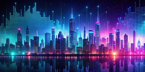 Abstract halftone dotted digital technology background with futuristic night city and neon light effect. Cyberpunk and retrowave design for technology, hi-tech and science concept. Vector illustration