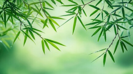 Fresh bamboo leaves in soft green light