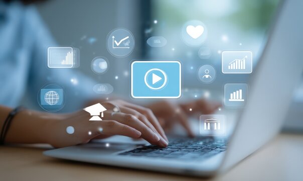 Woman's hands typing on laptop, surrounded by digital icons representing online learning, data, and engagement