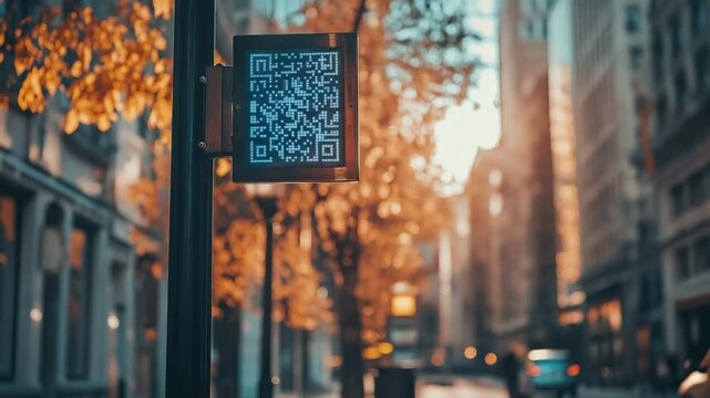 QR Code Sign on City Street Autumn Urban Scene