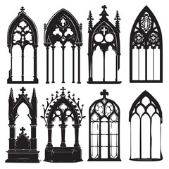 Gothic windows outline set. Silhouette of vintage stained glass church frames , black silhouettes isolated on white background