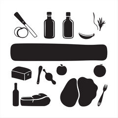 Fototapeta premium Timeless and elegant chopped board set, illustrated as simple two-dimensional black and white silhouettes. Modern flat design aesthetic and classic vector style on a white background