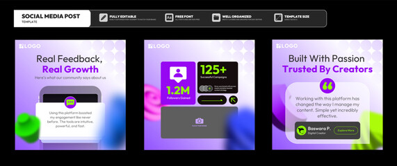 Editable Social Media Kit for Influencer Highlights and Reviews. Business Instagram and facebook square post template. Modern design, gradient, neon, colorful
