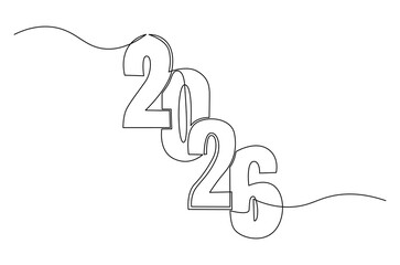 Continuous one line drawing of Happy new year 2026. Single line drawing illustration of New year 2026. Element background and banner new year 2026 concept vector art. Line vector illustration.