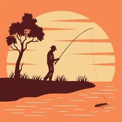 Fisherman silhouette, Fisher with fishing rod and hooked fish isolated vector illustration