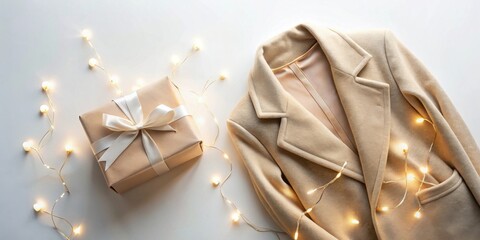 A thoughtfully wrapped gift with a creamy ribbon rests beside a beige coat adorned with warm string lights, evoking a sense of cozy winter gifting