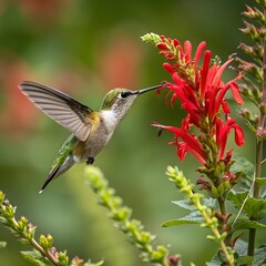 Fototapeta premium A Hummingbird Drinking Nectar From A Vivid Red Flowers.