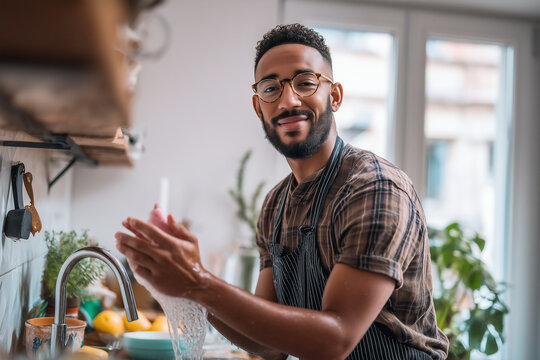 Young man smiling while washing hands in a kitchen sink, wearing an apron and practicing good hygiene in a bright domestic space