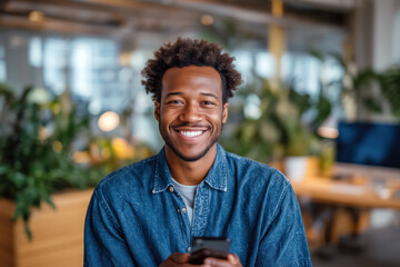 Portrait of a cheerful African American businessman smiling while using a mobile phone in a bright, modern office environment