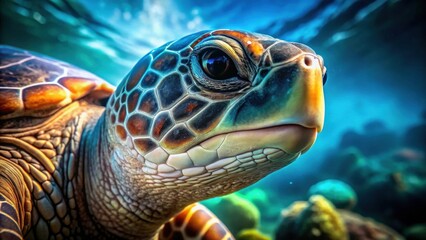 Fototapeta premium Close-up View of a Sea Turtle's Head and Neck Underwater, Showing Intricate Shell Detail and Expressive Eye