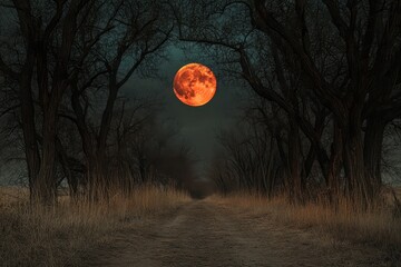 Fototapeta premium Eerie landscape with trees and a red moon lighting a dark path at night, Moving Under Trees With Scary Red Moon Above