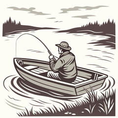 Fisherman silhouette, Fisher with fishing rod and hooked fish isolated vector illustration