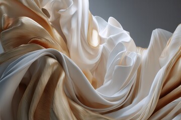 Swirling, lustrous fabric in gold and off-white, dramatically lit, creating folds and creases with a luminous highlight