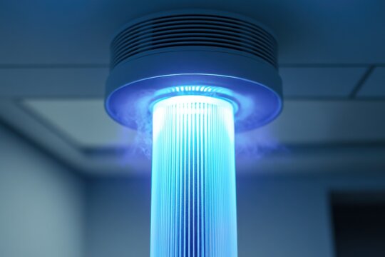 Detailed view of UV air purifier emitting light for enhanced air quality in indoor spaces, UV air purifier emitting light, detailed view showing its role in sanitizing the air from pathogens